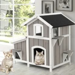 Katzenhaus Outdoor 2-stöckige Katzenhütte Katzenvilla mit Asphaltdach Grau 100 x 64 x 82,5 cm