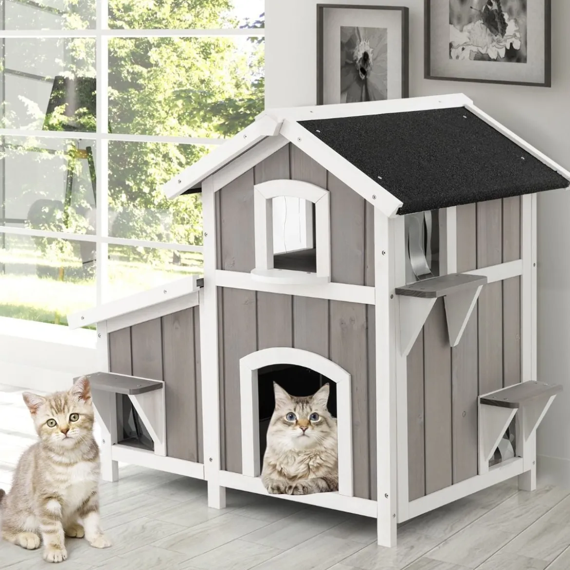 Katzenhaus Outdoor 2-stöckige Katzenhütte Katzenvilla mit Asphaltdach Grau 100 x 64 x 82,5 cm