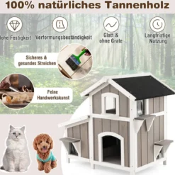 Katzenhaus Outdoor 2-stöckige Katzenhütte Katzenvilla mit Asphaltdach Grau 100 x 64 x 82,5 cm