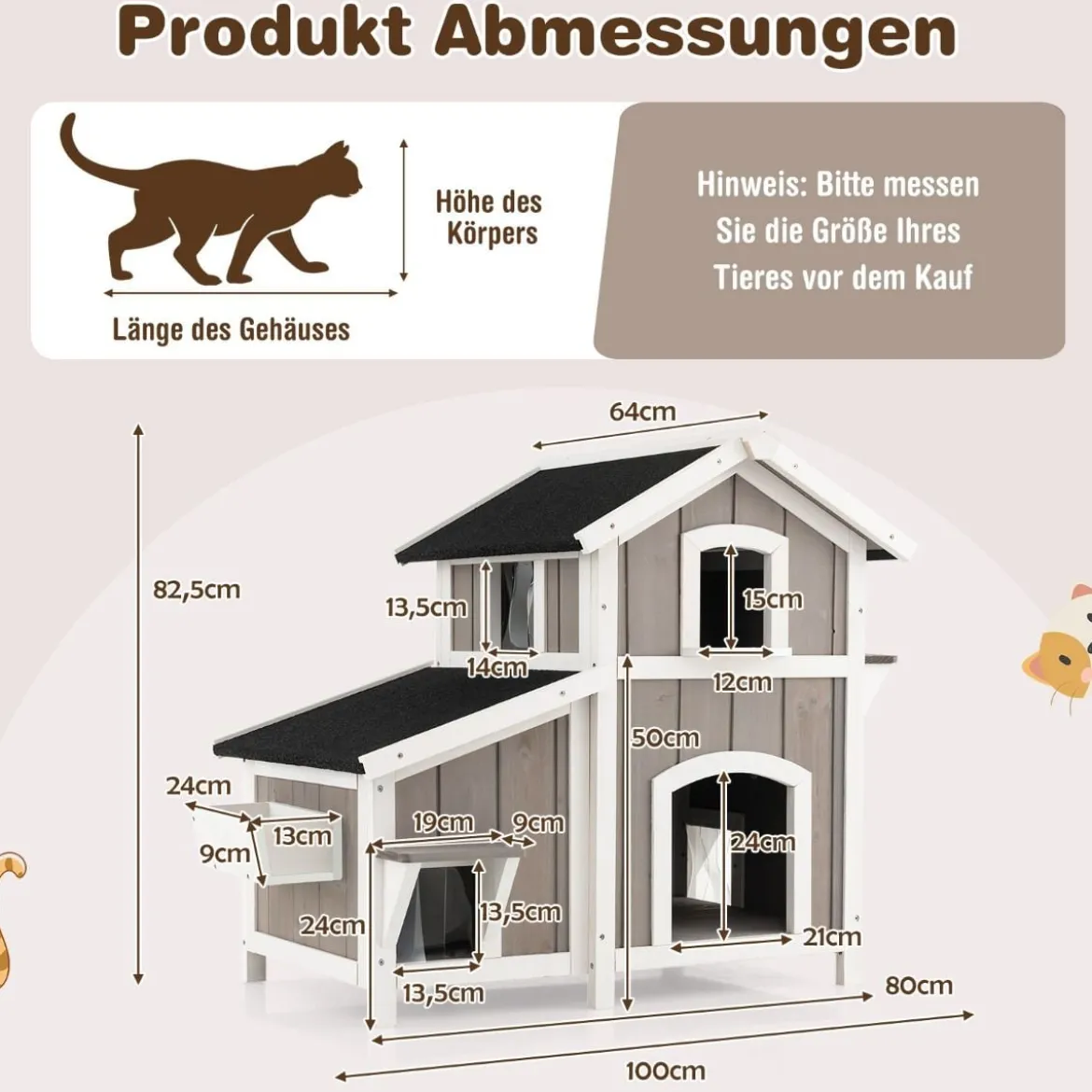 Katzenhaus Outdoor 2-stöckige Katzenhütte Katzenvilla mit Asphaltdach Grau 100 x 64 x 82,5 cm