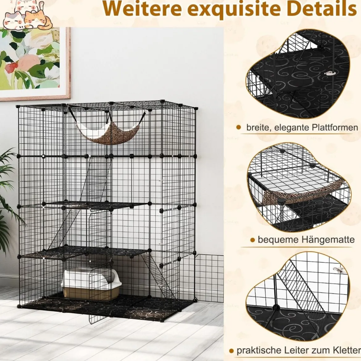 Katzenkäfig 4-stöckig große Katzengehege mit Hängematte 3 Leitern 4 Türen & Dachfenster