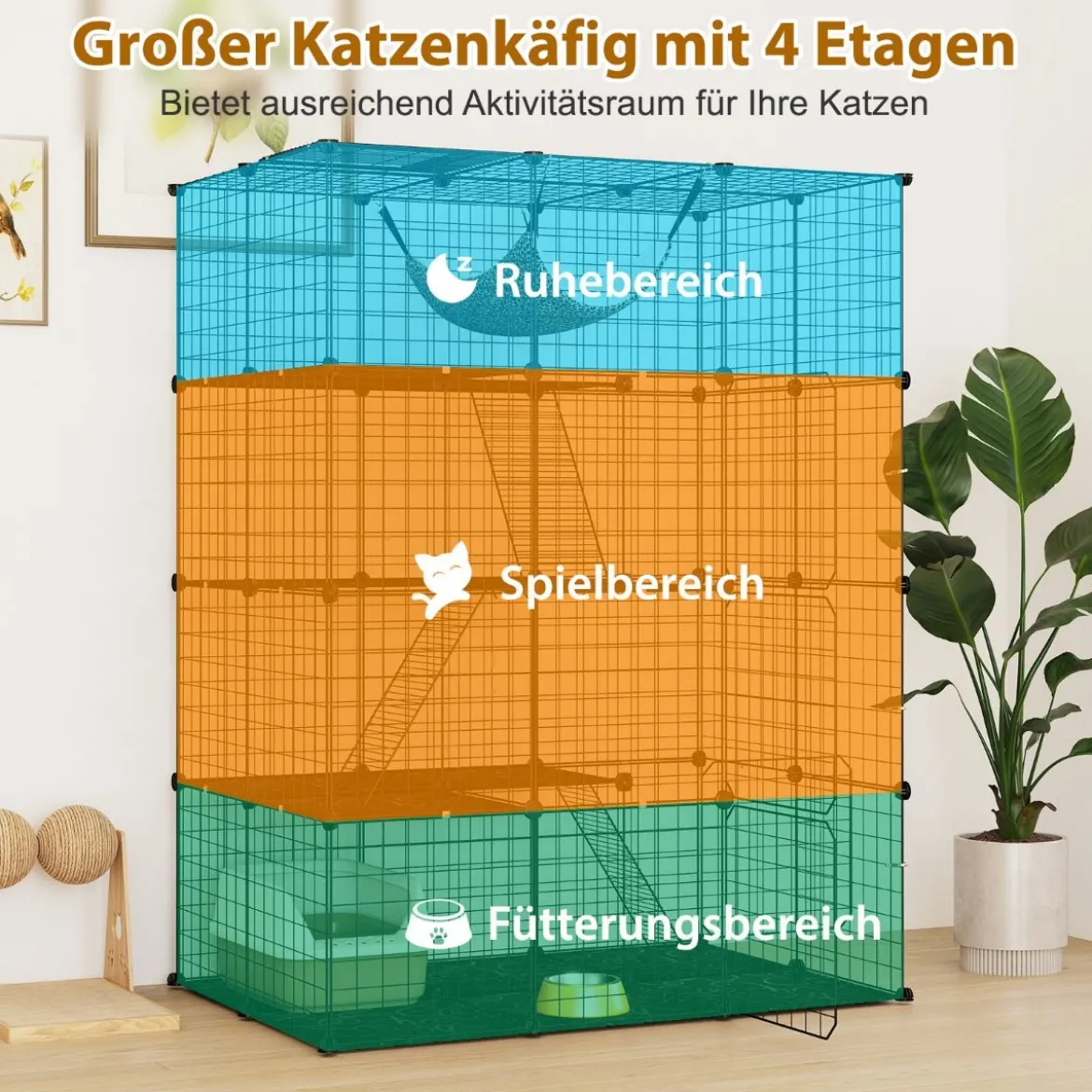 Katzenkäfig 4-stöckig große Katzengehege mit Hängematte 3 Leitern 4 Türen & Dachfenster