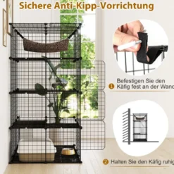 Katzenkäfig 4-stöckig große Katzengehege mit Hängematte 3 Leitern 4 Türen & Dachfenster