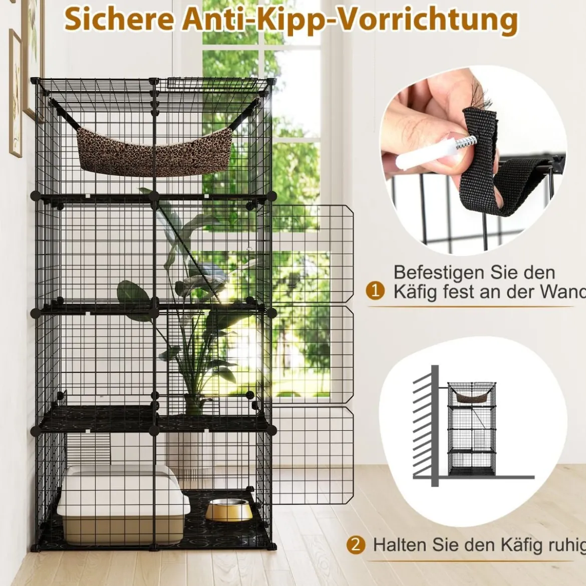 Katzenkäfig 4-stöckig große Katzengehege mit Hängematte 3 Leitern 4 Türen & Dachfenster