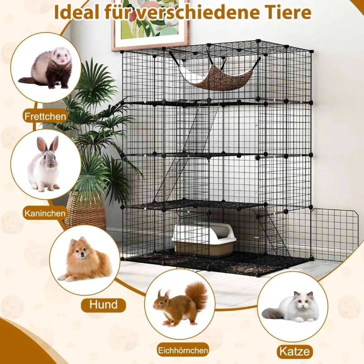 Katzenkäfig 4-stöckig große Katzengehege mit Hängematte 3 Leitern 4 Türen & Dachfenster