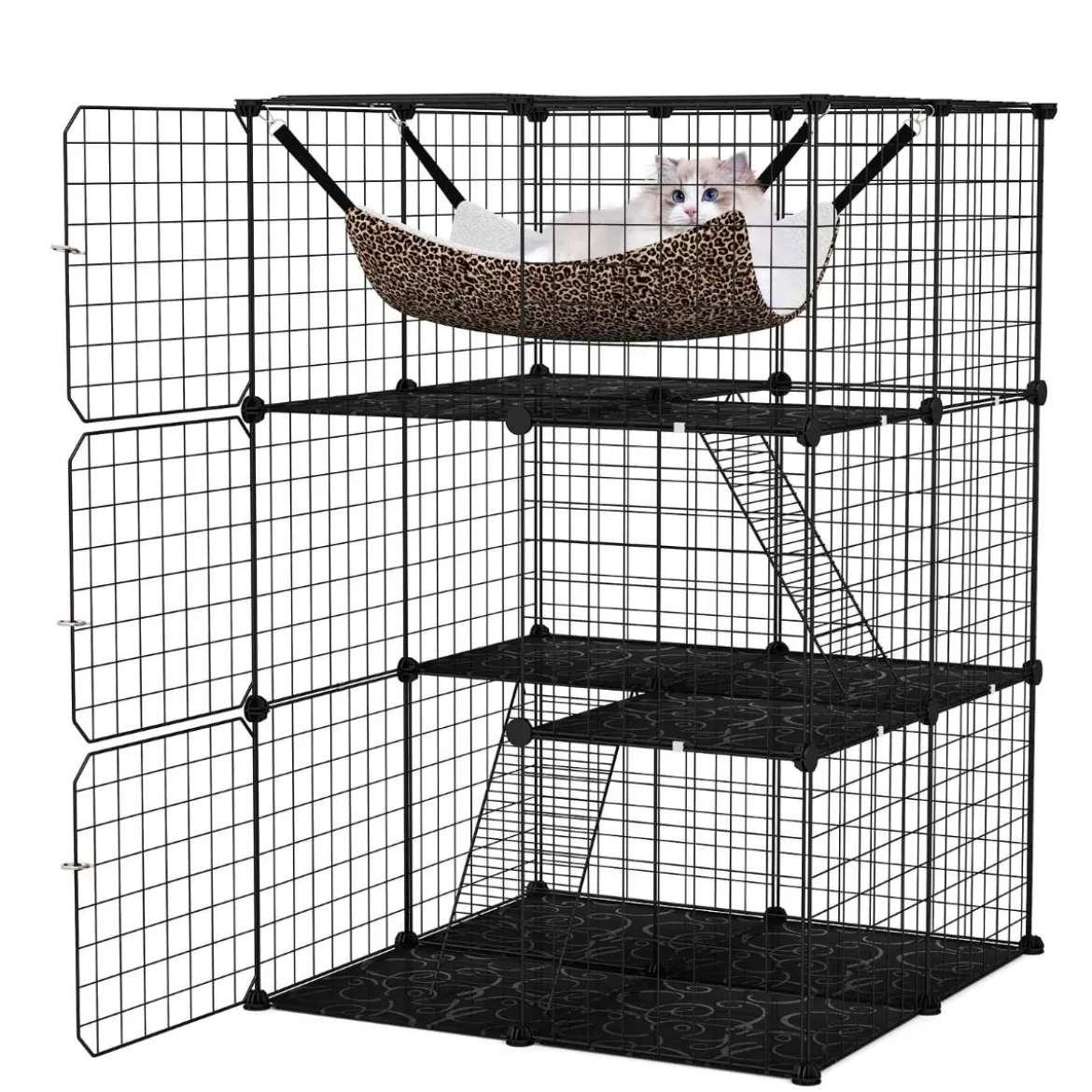 Katzenkäfig 3-stöckig große Katzengehege mit Hängematte 2 Leitern 3 Türen & Dachfenster 74 x 74 x 107 cm