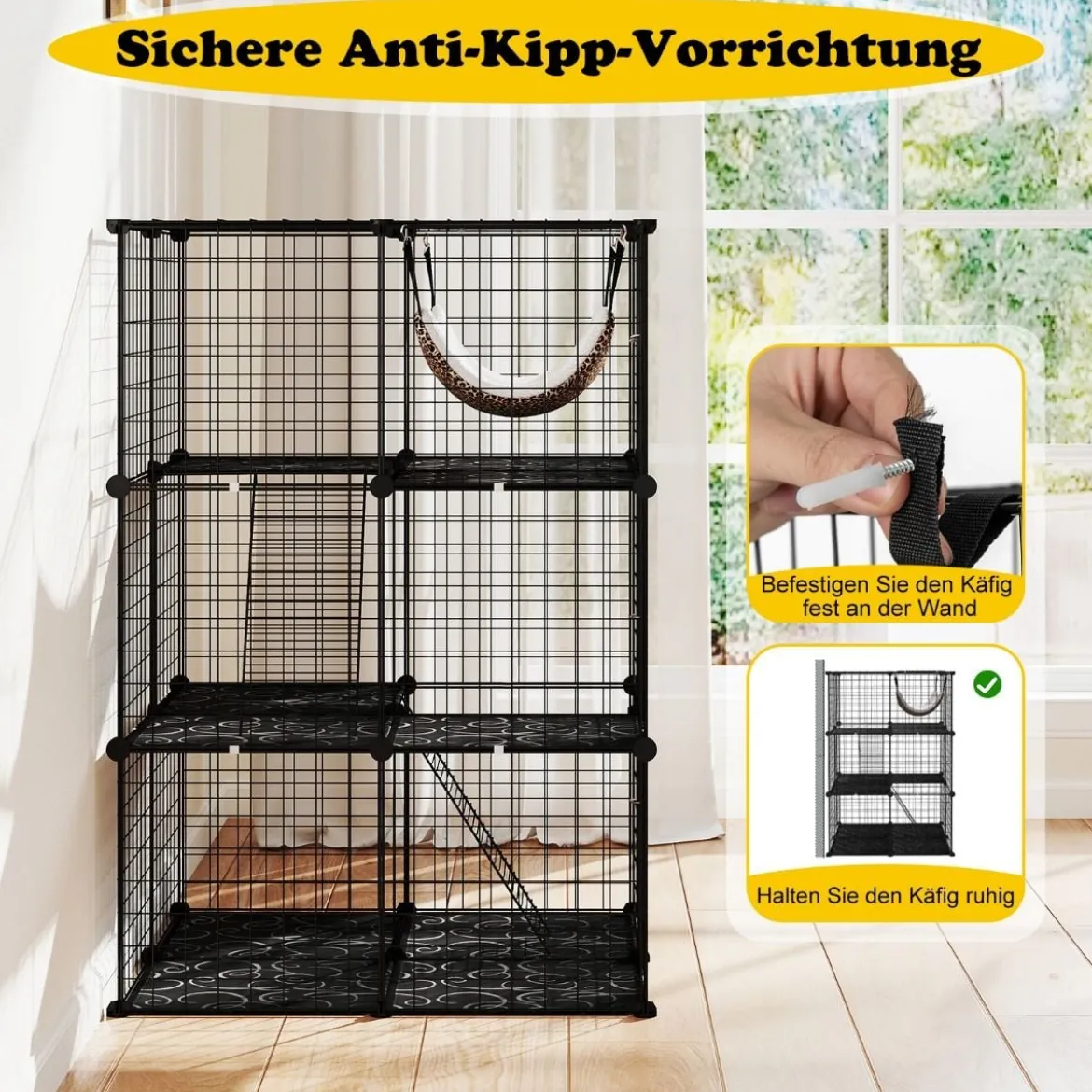 Katzenkäfig 3-stöckig große Katzengehege mit Hängematte 2 Leitern 3 Türen & Dachfenster 74 x 74 x 107 cm