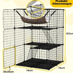 Katzenkäfig 3-stöckig große Katzengehege mit Hängematte 2 Leitern 3 Türen & Dachfenster 74 x 74 x 107 cm
