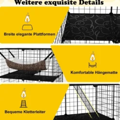 Katzenkäfig 3-stöckig große Katzengehege mit Hängematte 2 Leitern 3 Türen & Dachfenster 74 x 74 x 107 cm