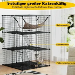 Katzenkäfig 3-stöckig große Katzengehege mit Hängematte 2 Leitern 3 Türen & Dachfenster 74 x 74 x 107 cm