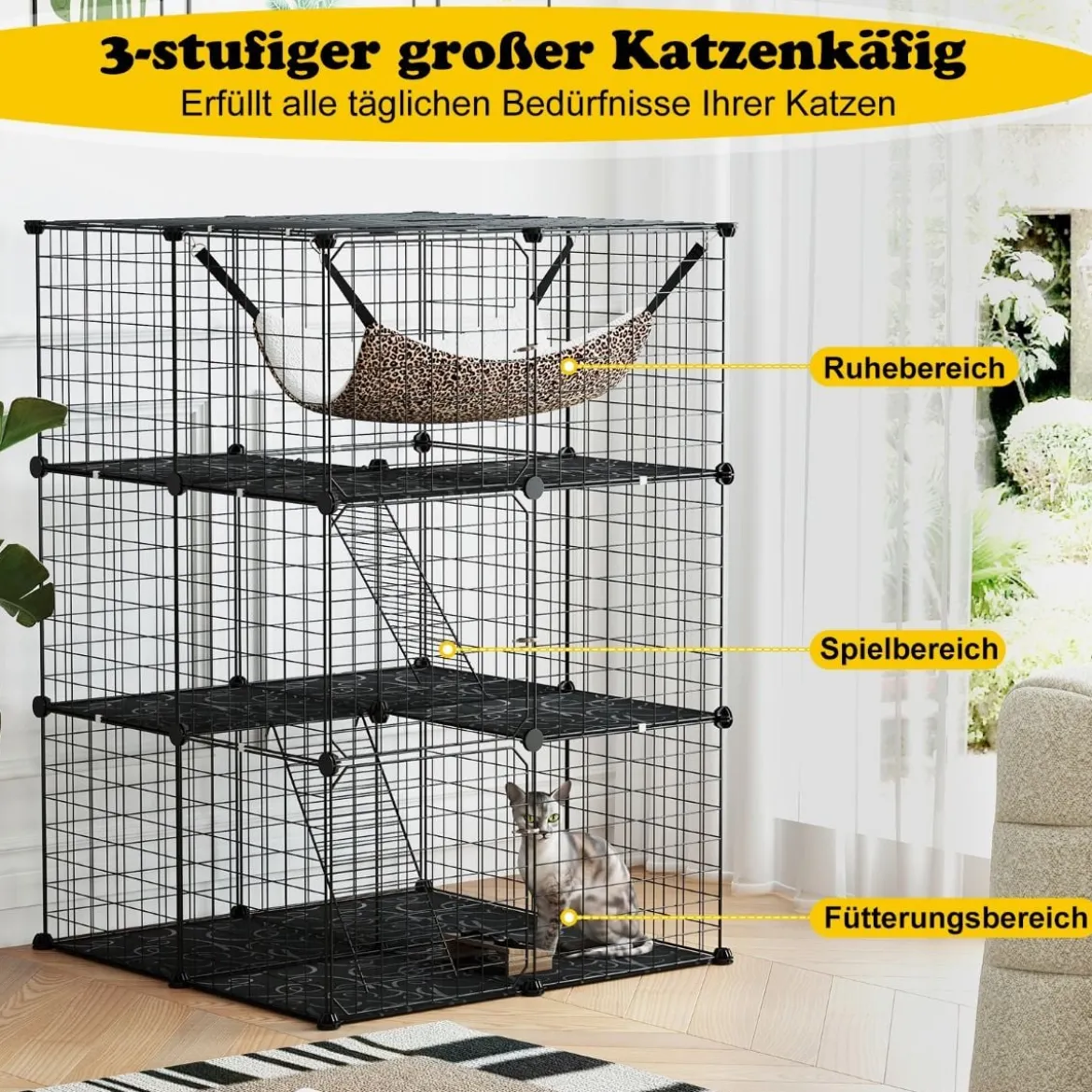 Katzenkäfig 3-stöckig große Katzengehege mit Hängematte 2 Leitern 3 Türen & Dachfenster 74 x 74 x 107 cm