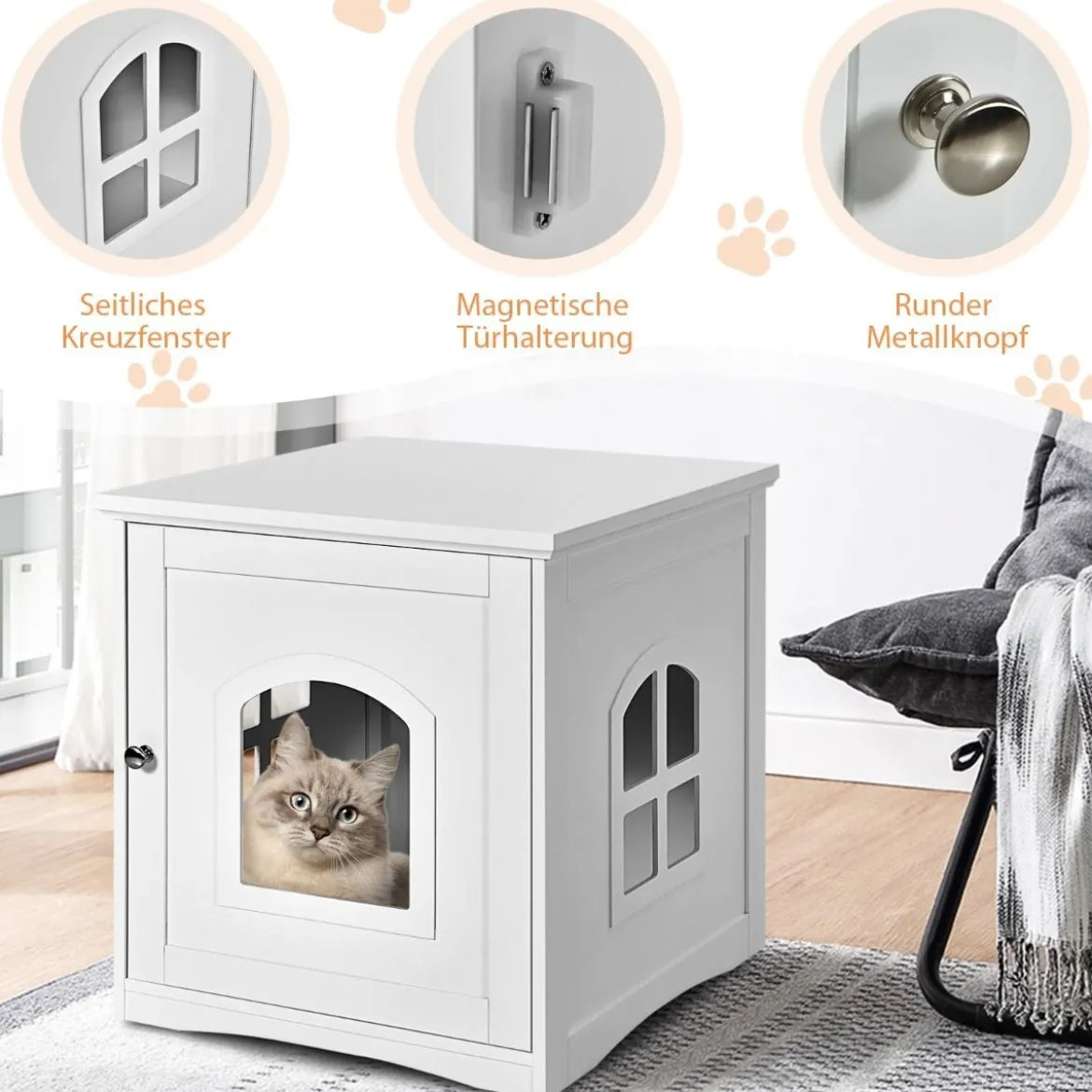 Katzenklo-Gehäuse dekoratives Katzenhaus mit magnetischer Tür 49 x 53 x 53 cm Weiß