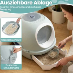 Katzenklo mit Deckel & Ausziehbarem Tablett & Schaufel & Frontöffnung Katzentoilette Blau