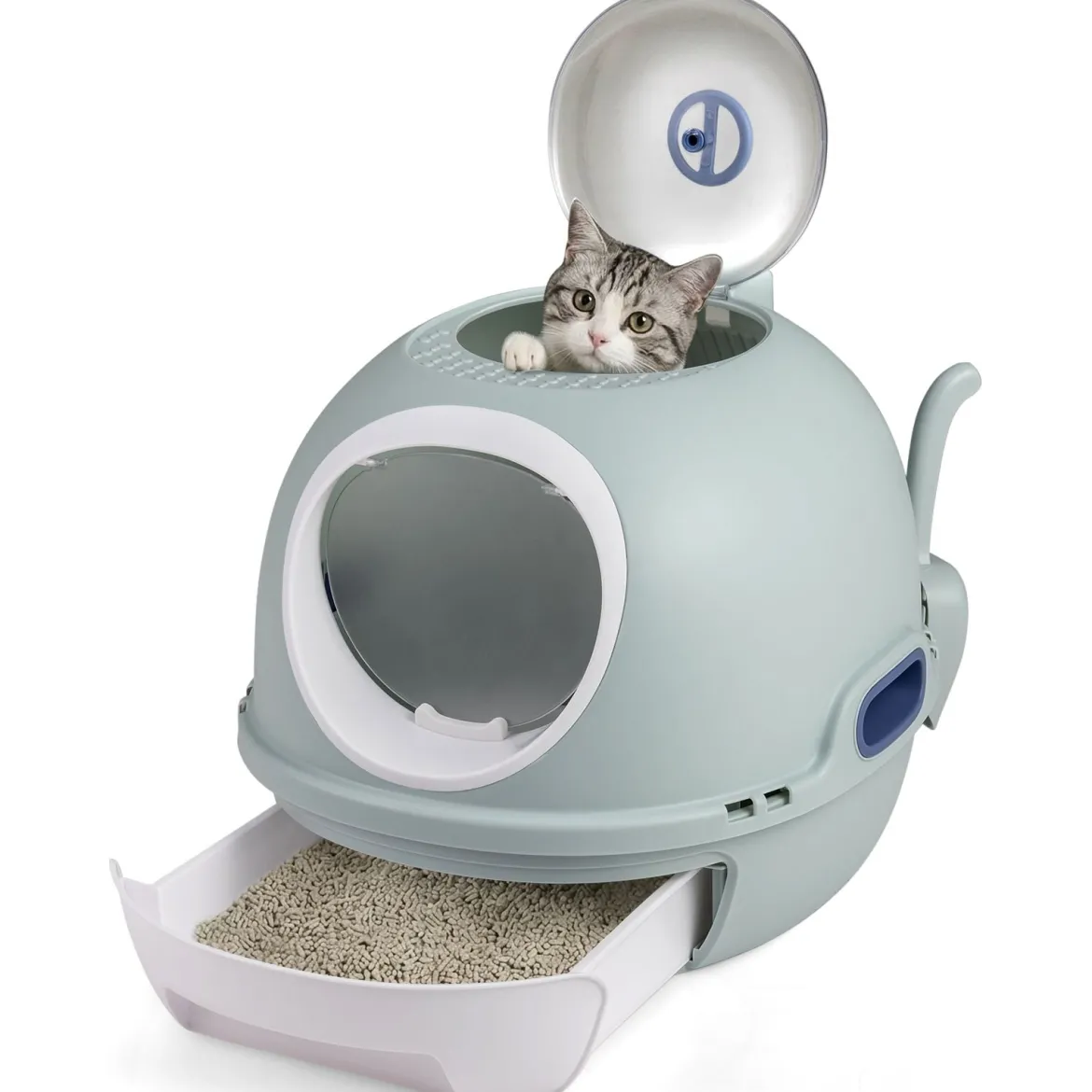 Katzenklo mit Deckel & Ausziehbarem Tablett & Schaufel & Frontöffnung Katzentoilette Blau