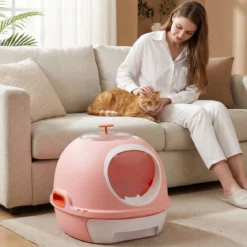 Katzenklo mit Deckel & Ausziehbarem Tablett & Schaufel & Frontöffnung Katzentoilette Rosa
