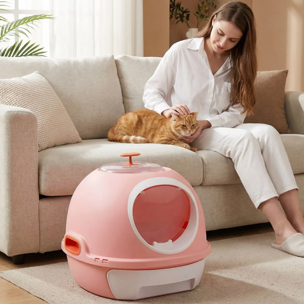 Katzenklo mit Deckel & Ausziehbarem Tablett & Schaufel & Frontöffnung Katzentoilette Rosa