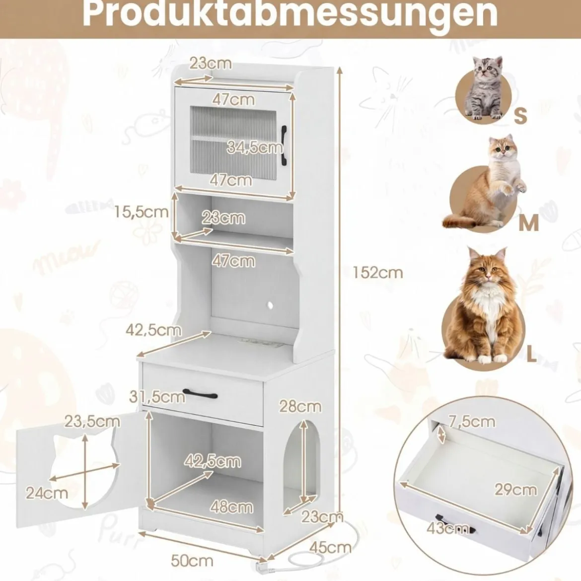 Katzenklo Schrank mit Verstellbarem LED-Licht & Regal & Ladestation & Schublade Katzentoilette Weiß