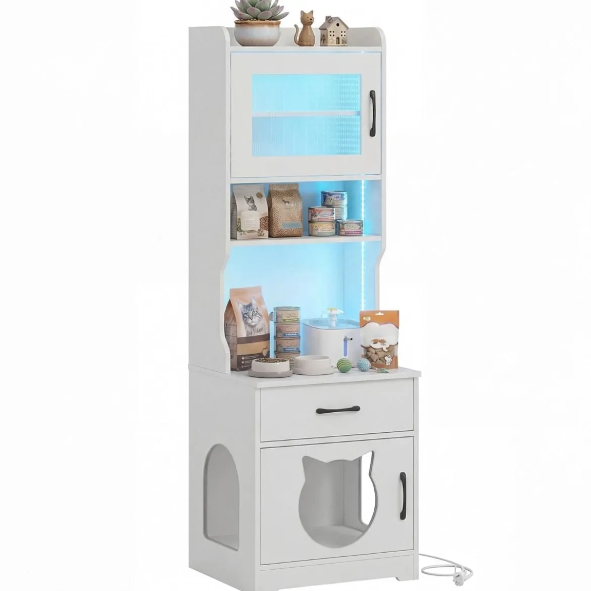 Katzenklo Schrank mit Verstellbarem LED-Licht & Regal & Ladestation & Schublade Katzentoilette Weiß