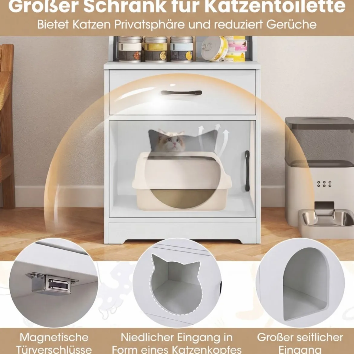 Katzenklo Schrank mit Verstellbarem LED-Licht & Regal & Ladestation & Schublade Katzentoilette Weiß