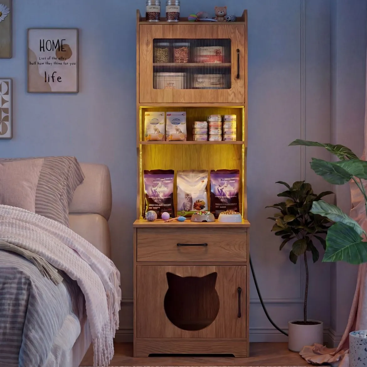 Katzenklo Schrank mit Verstellbarem LED-Licht & Regal & Ladestation & Schublade Katzentoilette Natur