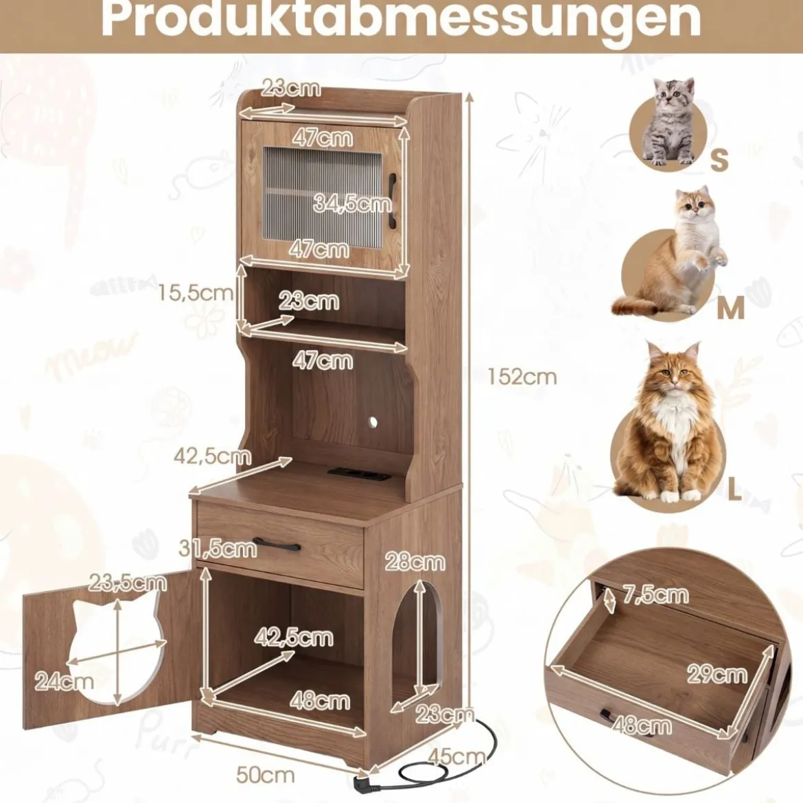 Katzenklo Schrank mit Verstellbarem LED-Licht & Regal & Ladestation & Schublade Katzentoilette Natur