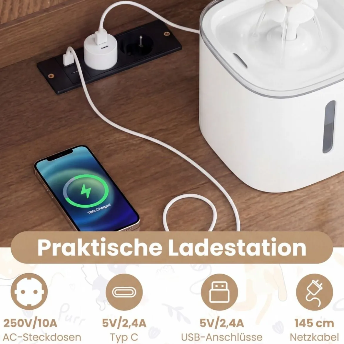 Katzenklo Schrank mit Verstellbarem LED-Licht & Regal & Ladestation & Schublade Katzentoilette Natur