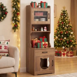 Katzenklo Schrank mit Verstellbarem LED-Licht & Regal & Ladestation & Schublade Katzentoilette Natur
