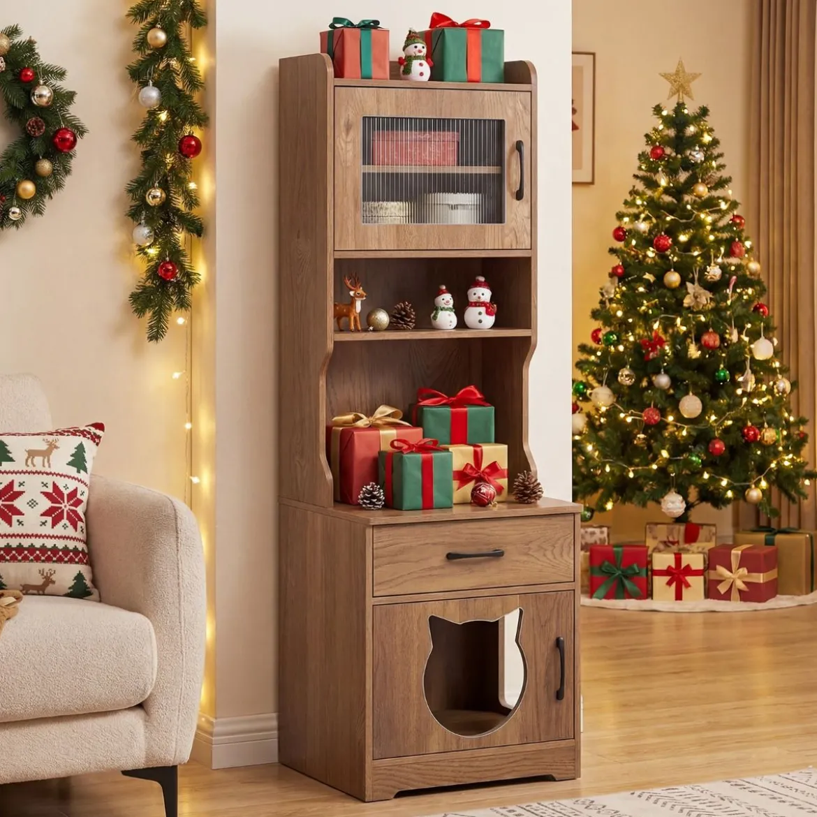 Katzenklo Schrank mit Verstellbarem LED-Licht & Regal & Ladestation & Schublade Katzentoilette Natur