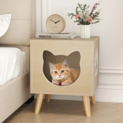 Katzenklo Schrank modernes Katzentoiletten-Möbel mit abnehmbarem Deckel Katzeneingang & Fenster Natur