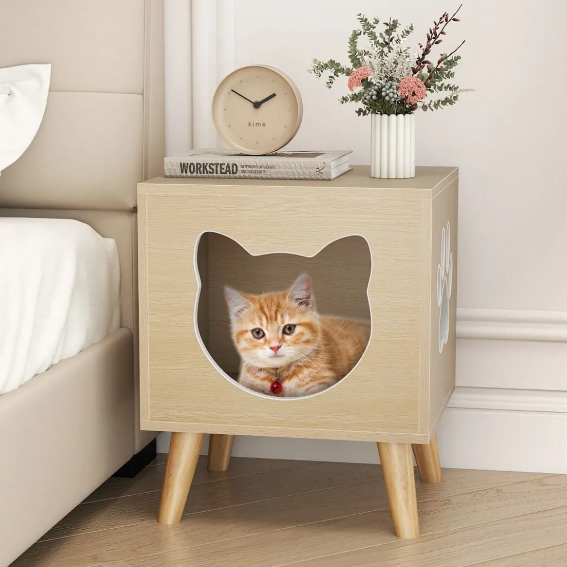Katzenklo Schrank modernes Katzentoiletten-Möbel mit abnehmbarem Deckel Katzeneingang & Fenster Natur