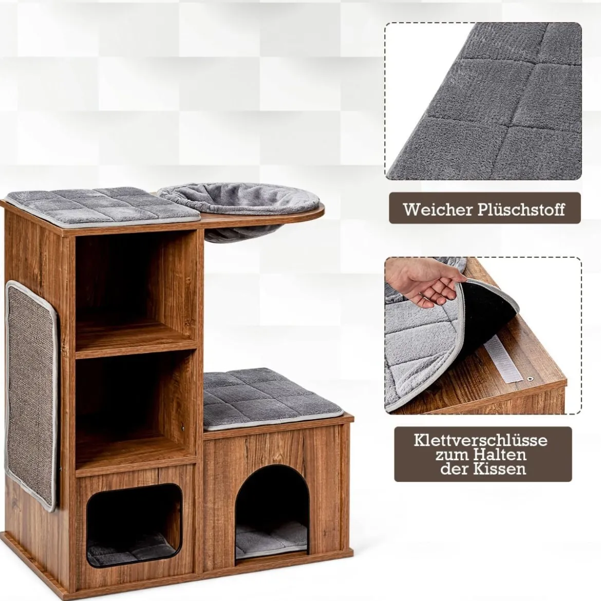 Katzenmöbel mit Höhle Matten Katzen Spielhaus Holz Katzenbaum Katzenhaus Kletterbaum 69x39x 80,5 cm
