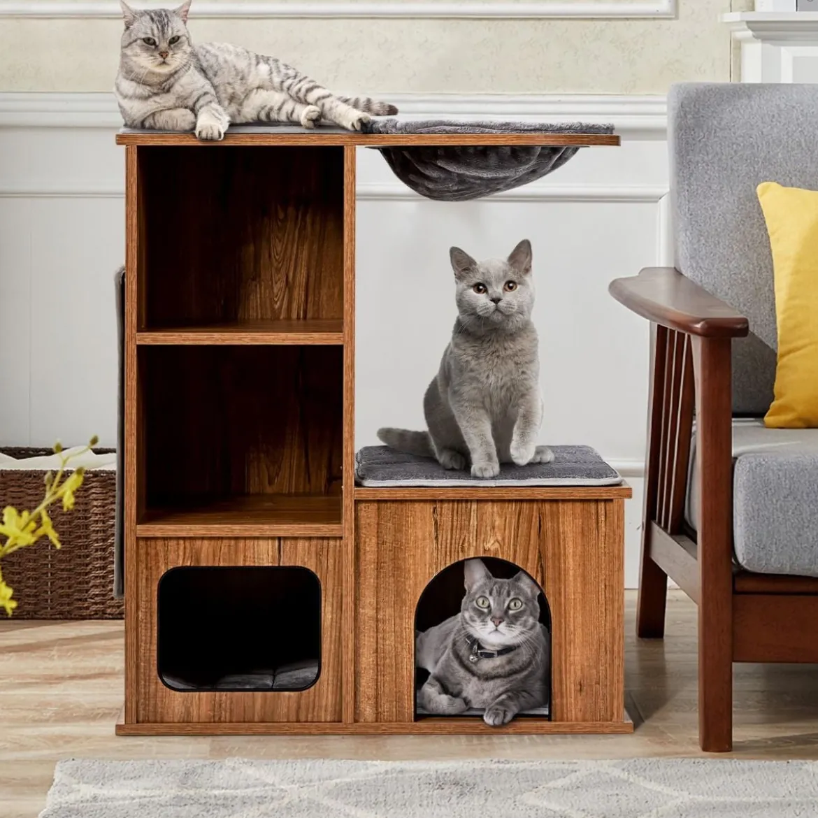 Katzenmöbel mit Höhle Matten Katzen Spielhaus Holz Katzenbaum Katzenhaus Kletterbaum 69x39x 80,5 cm