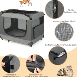 Katzenrennkäfig Große Faltbare Katzenbox Transportbox mit Schultergurt Rädern 82,5 x 59 x 67 cm Grau