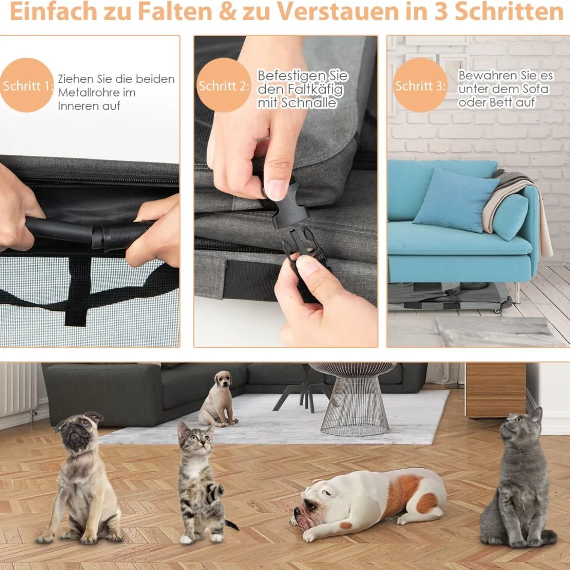 Katzenrennkäfig Große Faltbare Katzenbox Transportbox mit Schultergurt Rädern 82,5 x 59 x 67 cm Grau