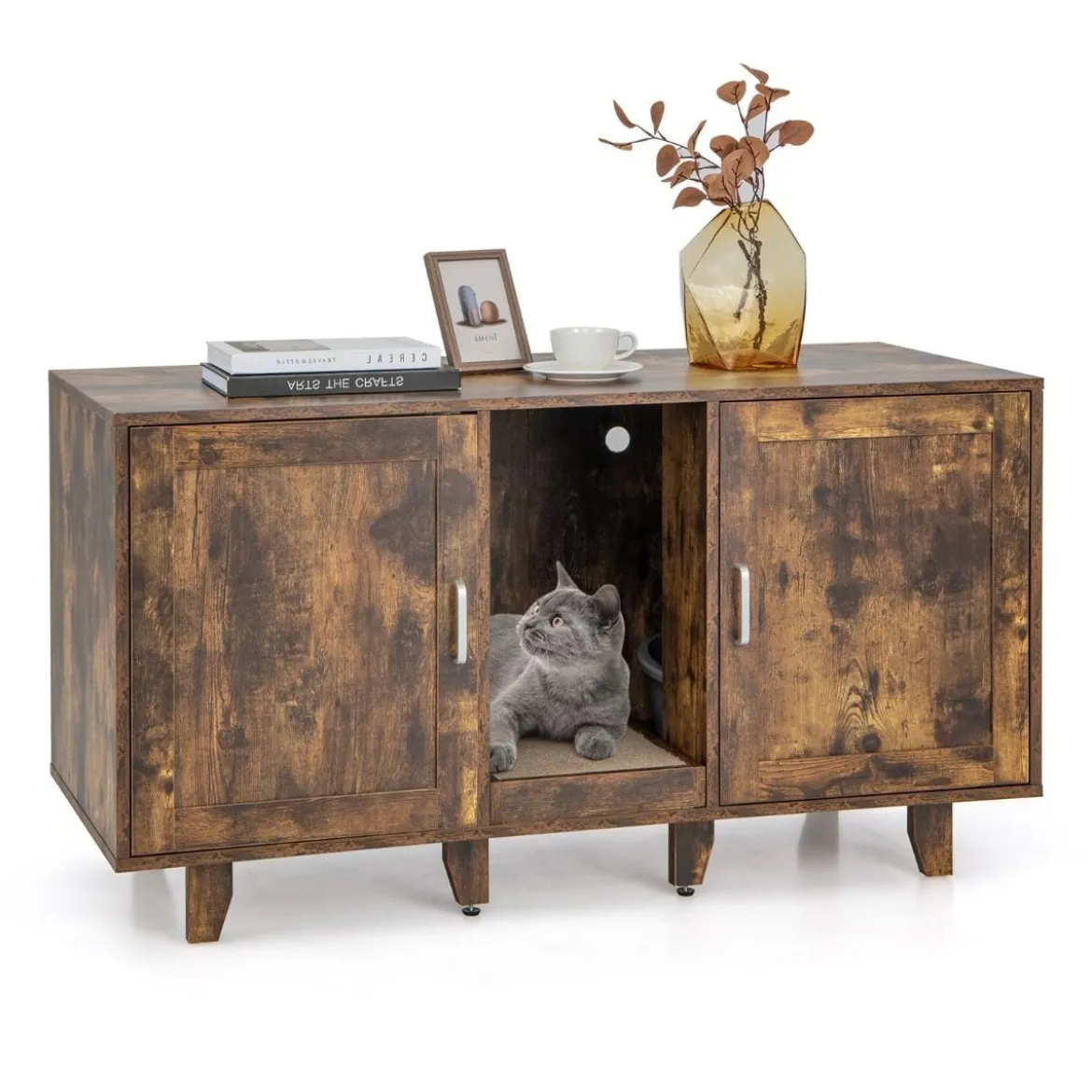 Katzenschrank für Katzentoilette mit Kratzbrett & 2 Türen & Eingang 120 x 52 x 65 cm