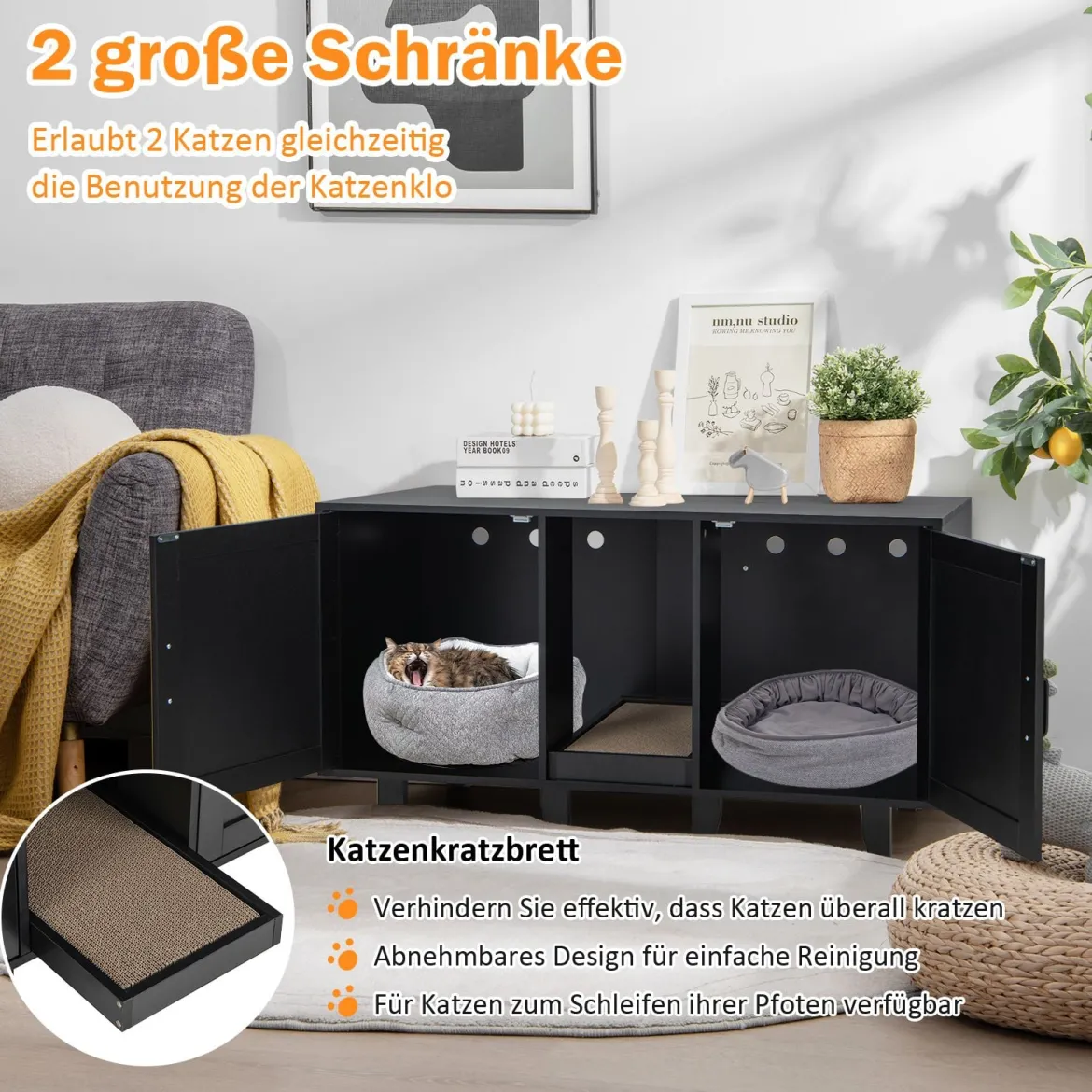 Katzenschrank für Katzentoilette mit Kratzbrett & 2 Türen & Eingang 120 x 52 x 65 cm