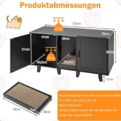 Katzenschrank für Katzentoilette mit Kratzbrett & 2 Türen & Eingang 120 x 52 x 65 cm