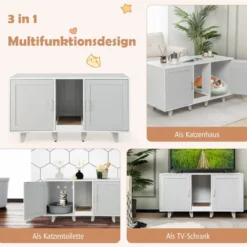 Katzenschrank für Katzentoilette mit Kratzbrett & 2 Türen & Eingang 120 x 52 x 65 cm