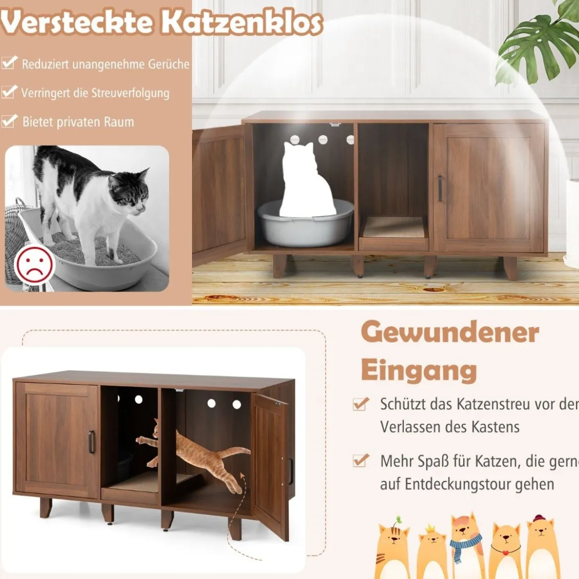 Katzenschrank für Katzentoilette mit Kratzbrett & 2 Türen & Eingang 120 x 52 x 65 cm