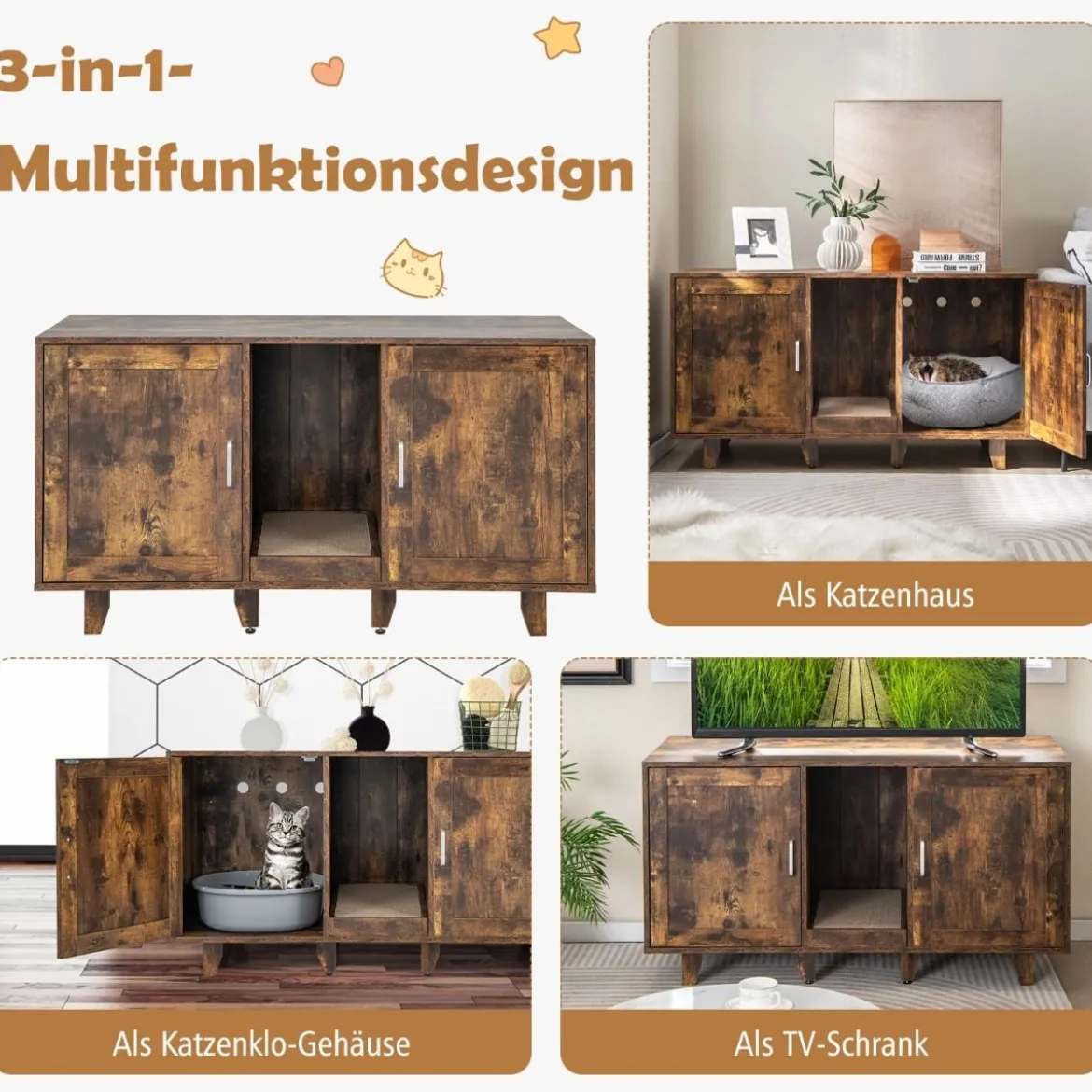 Katzenschrank für Katzentoilette mit Kratzbrett & 2 Türen & Eingang 120 x 52 x 65 cm