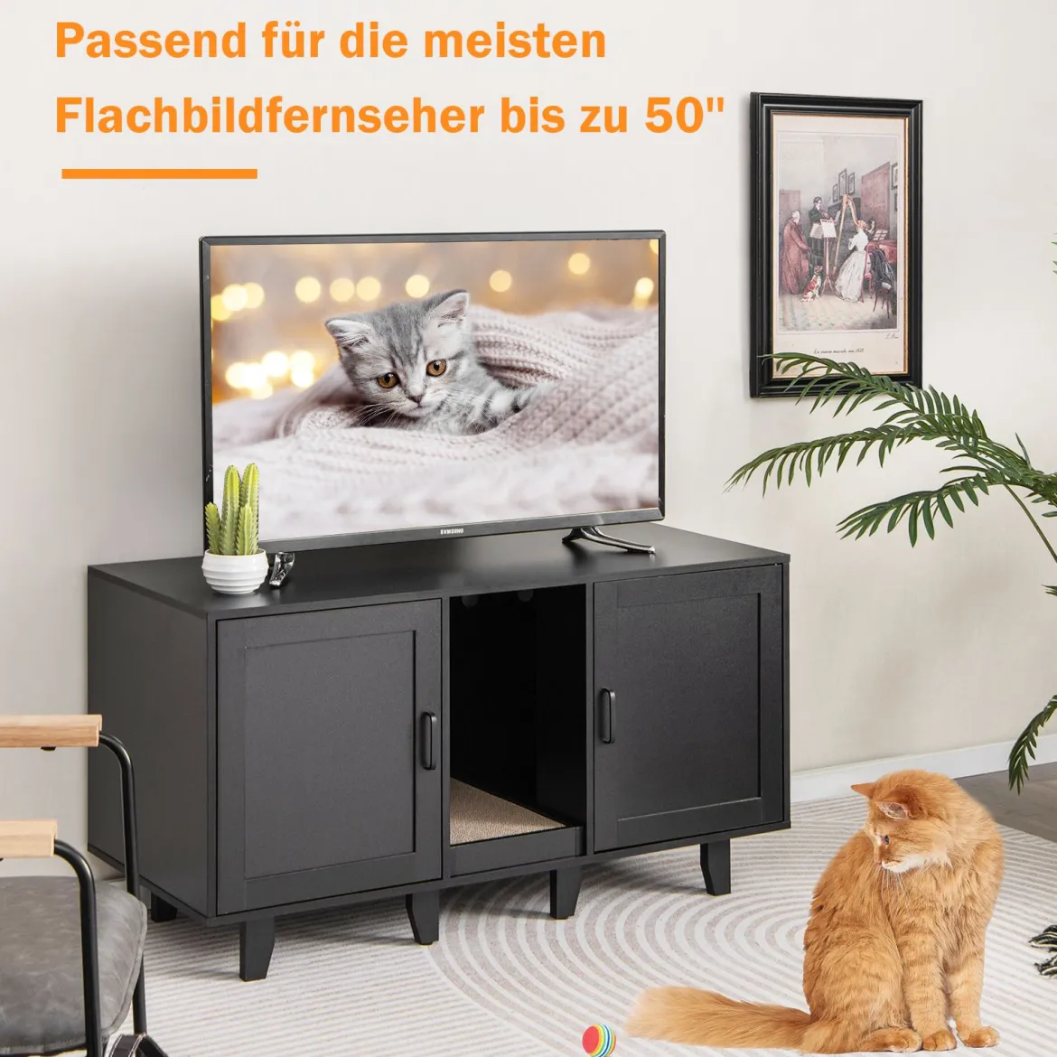 Katzenschrank für Katzentoilette mit Kratzbrett & 2 Türen & Eingang 120 x 52 x 65 cm