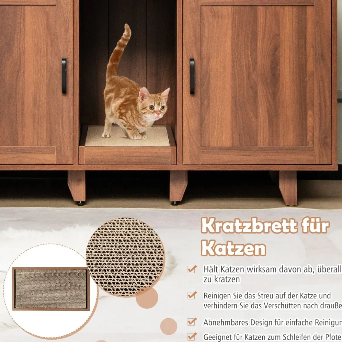 Katzenschrank für Katzentoilette mit Kratzbrett & 2 Türen & Eingang 120 x 52 x 65 cm