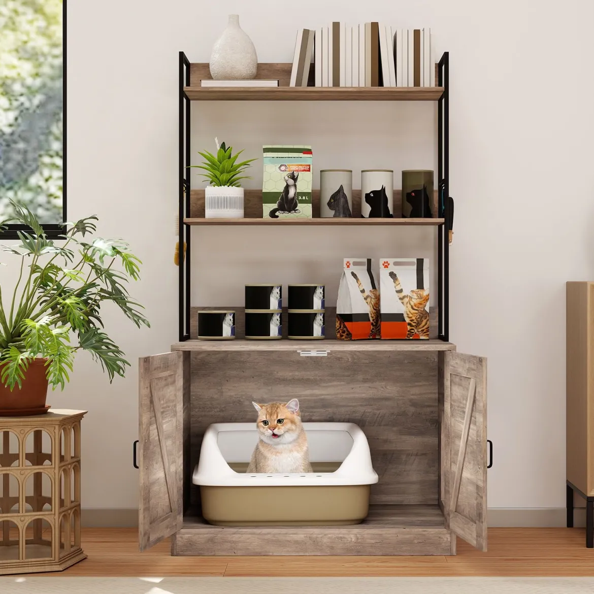 Katzenschrank für Katzentoilette mit Bücherregal Katzenklo Schrank Katzenhaus mit Eingang Grau