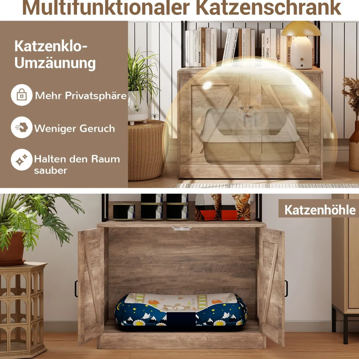 Katzenschrank für Katzentoilette mit Bücherregal Katzenklo Schrank Katzenhaus mit Eingang Grau