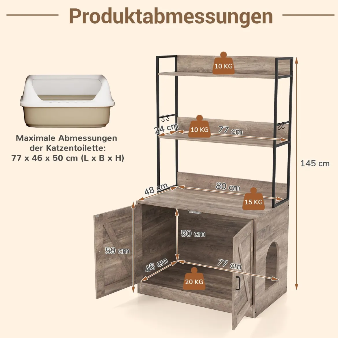 Katzenschrank für Katzentoilette mit Bücherregal Katzenklo Schrank Katzenhaus mit Eingang Grau