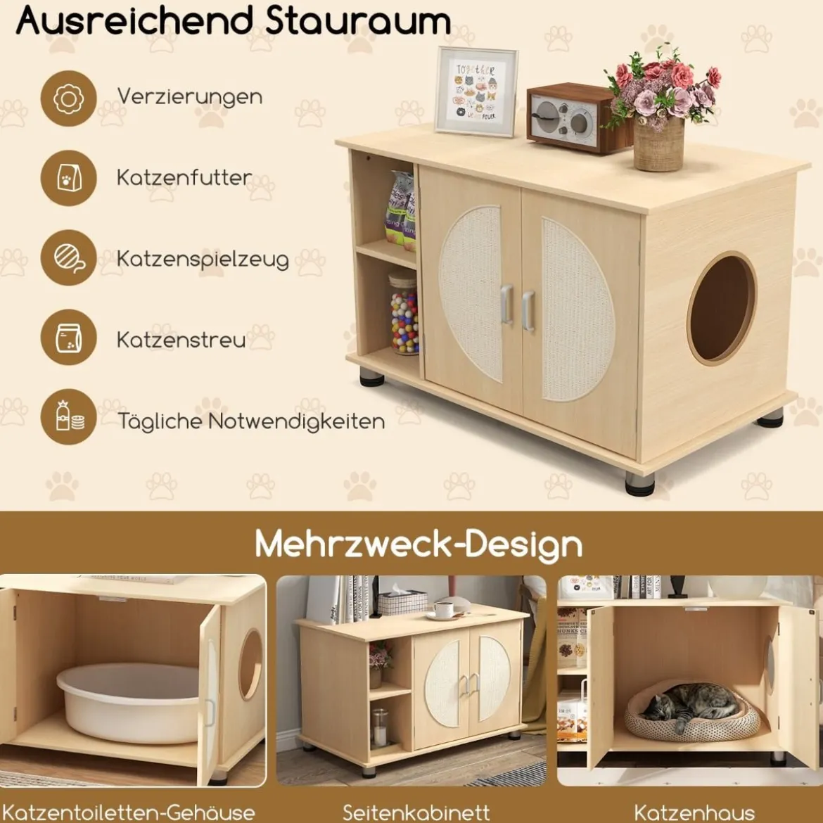 Katzenschrank für Katzentoilette mit Kratztüren aus Sisal & Katzenloch Katzenklo Schrank 82 x 48 x 52 cm