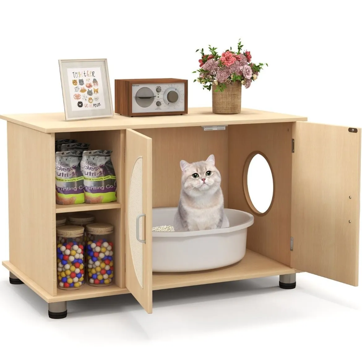 Katzenschrank für Katzentoilette mit Kratztüren aus Sisal & Katzenloch Katzenklo Schrank 82 x 48 x 52 cm