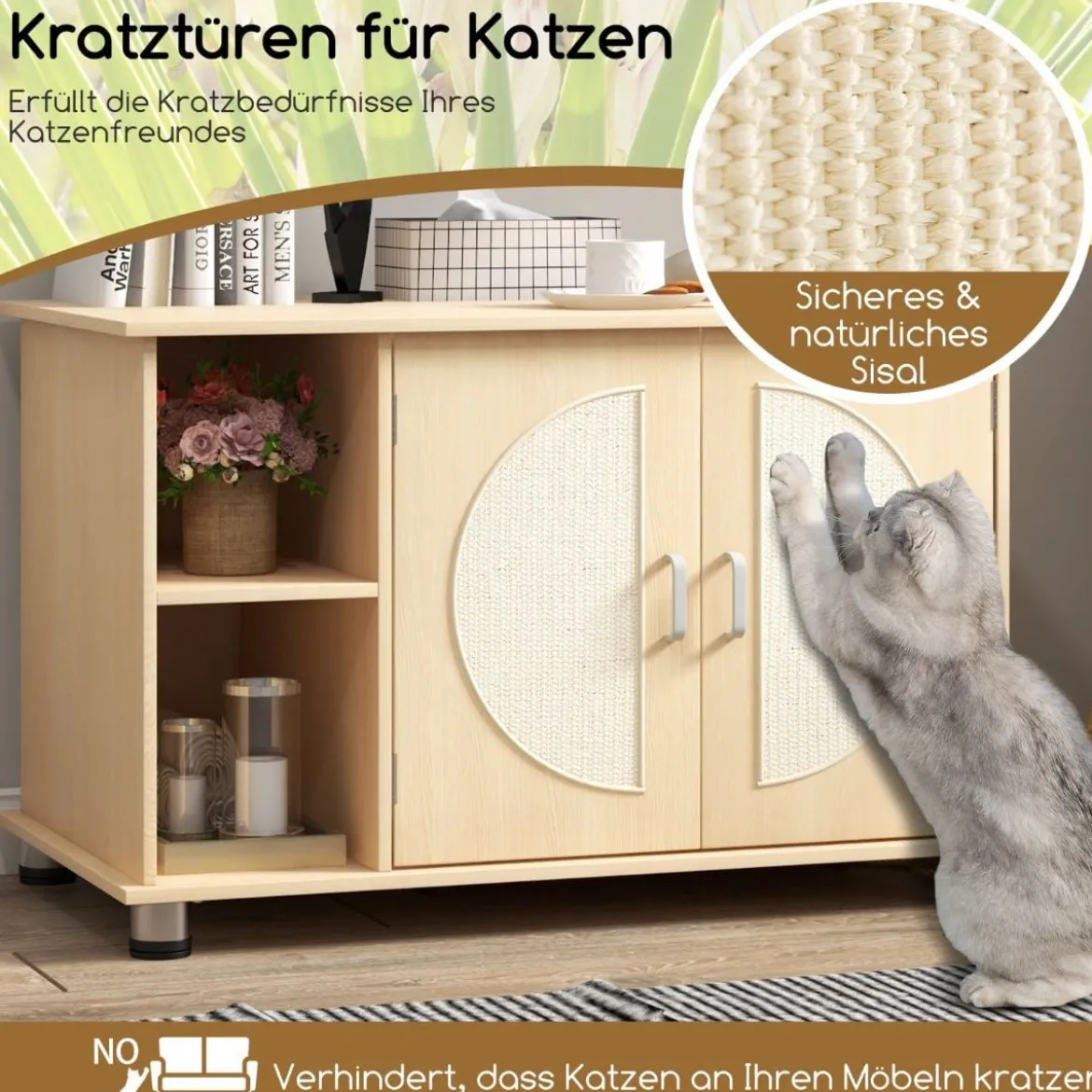 Katzenschrank für Katzentoilette mit Kratztüren aus Sisal & Katzenloch Katzenklo Schrank 82 x 48 x 52 cm