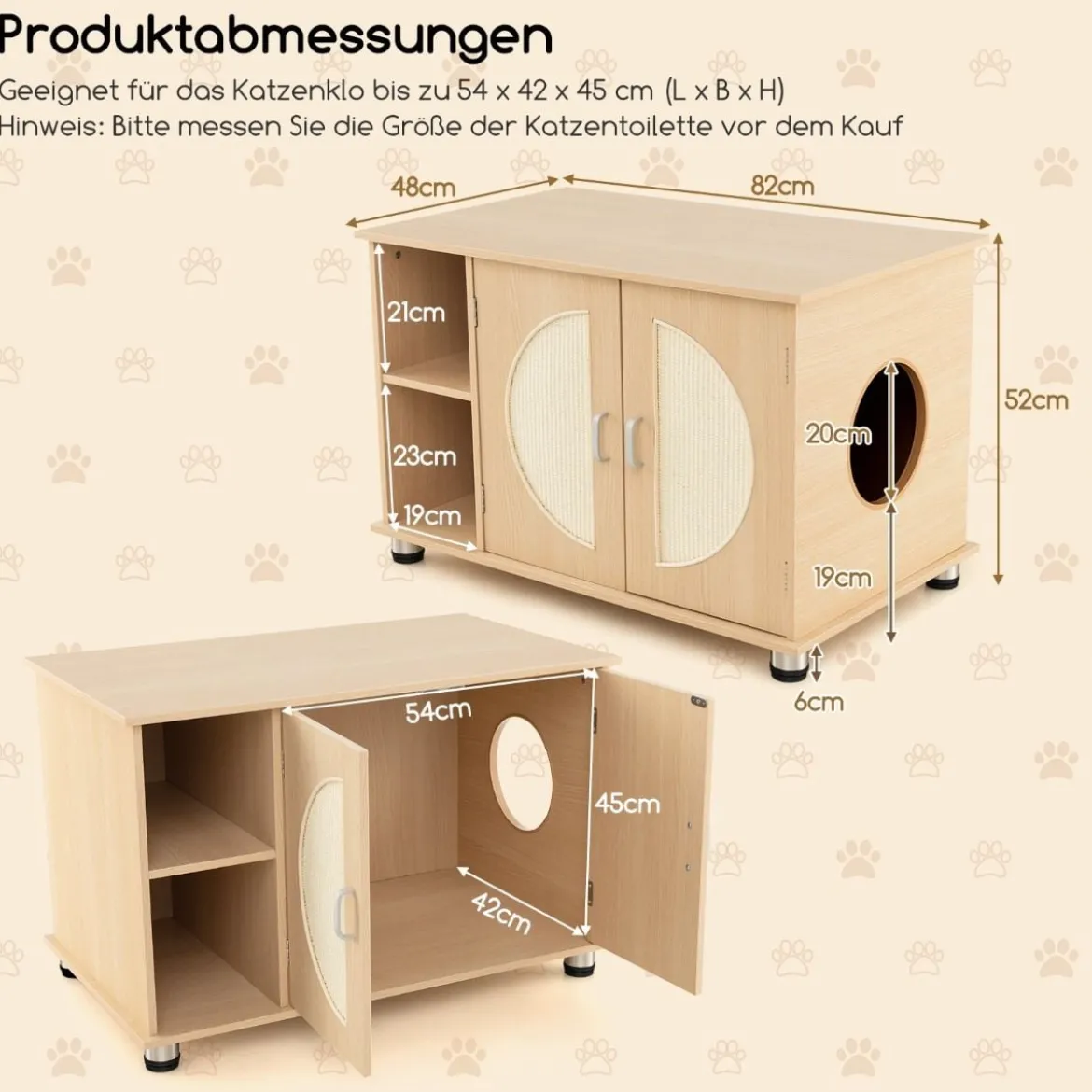 Katzenschrank für Katzentoilette mit Kratztüren aus Sisal & Katzenloch Katzenklo Schrank 82 x 48 x 52 cm