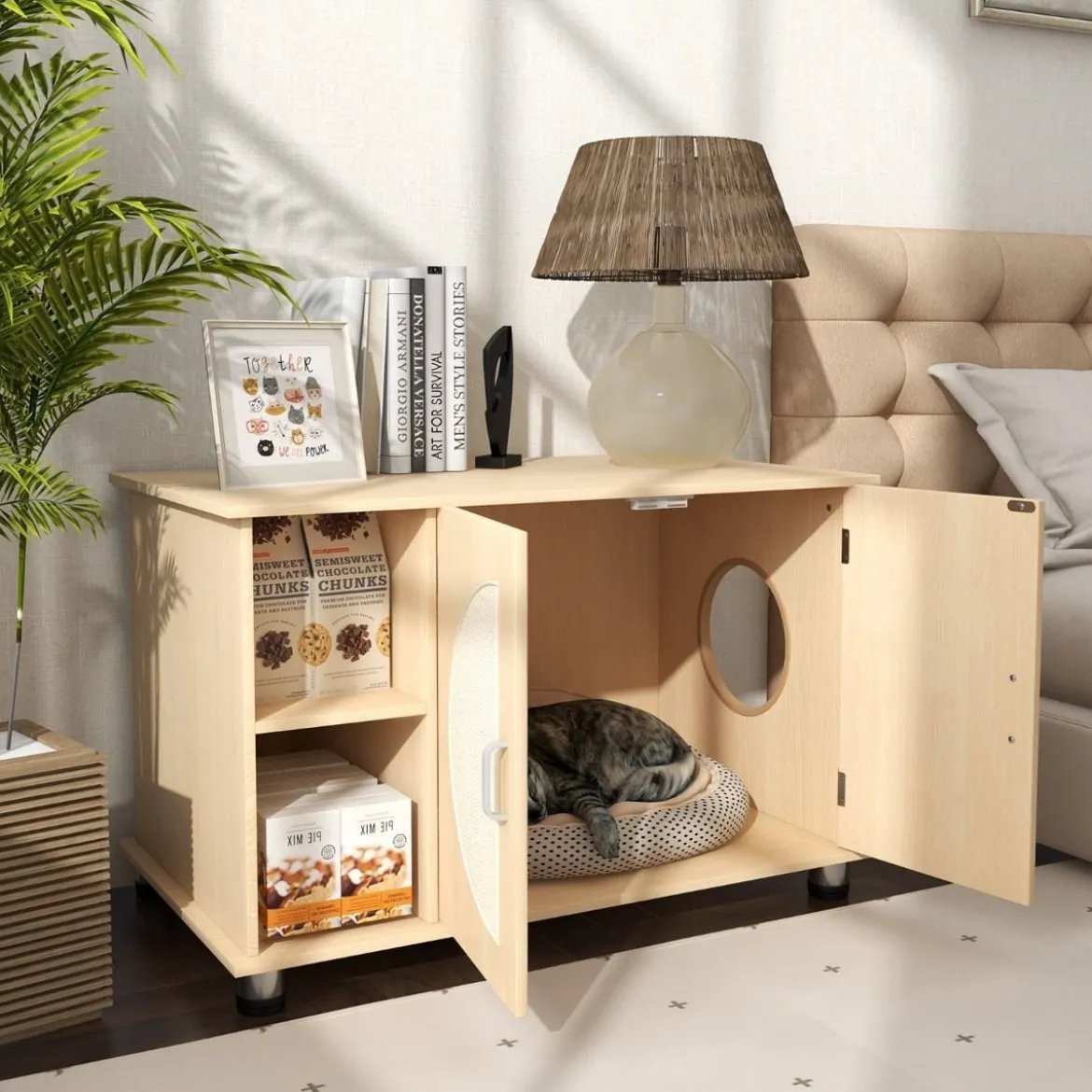 Katzenschrank für Katzentoilette mit Kratztüren aus Sisal & Katzenloch Katzenklo Schrank 82 x 48 x 52 cm